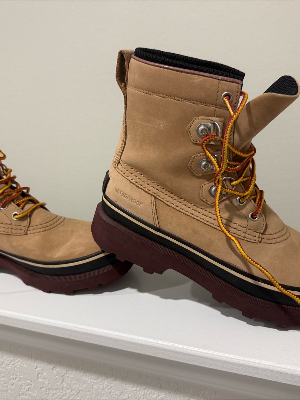 Sorel Tan and Burgundy Waterproof Lace-Up Boots